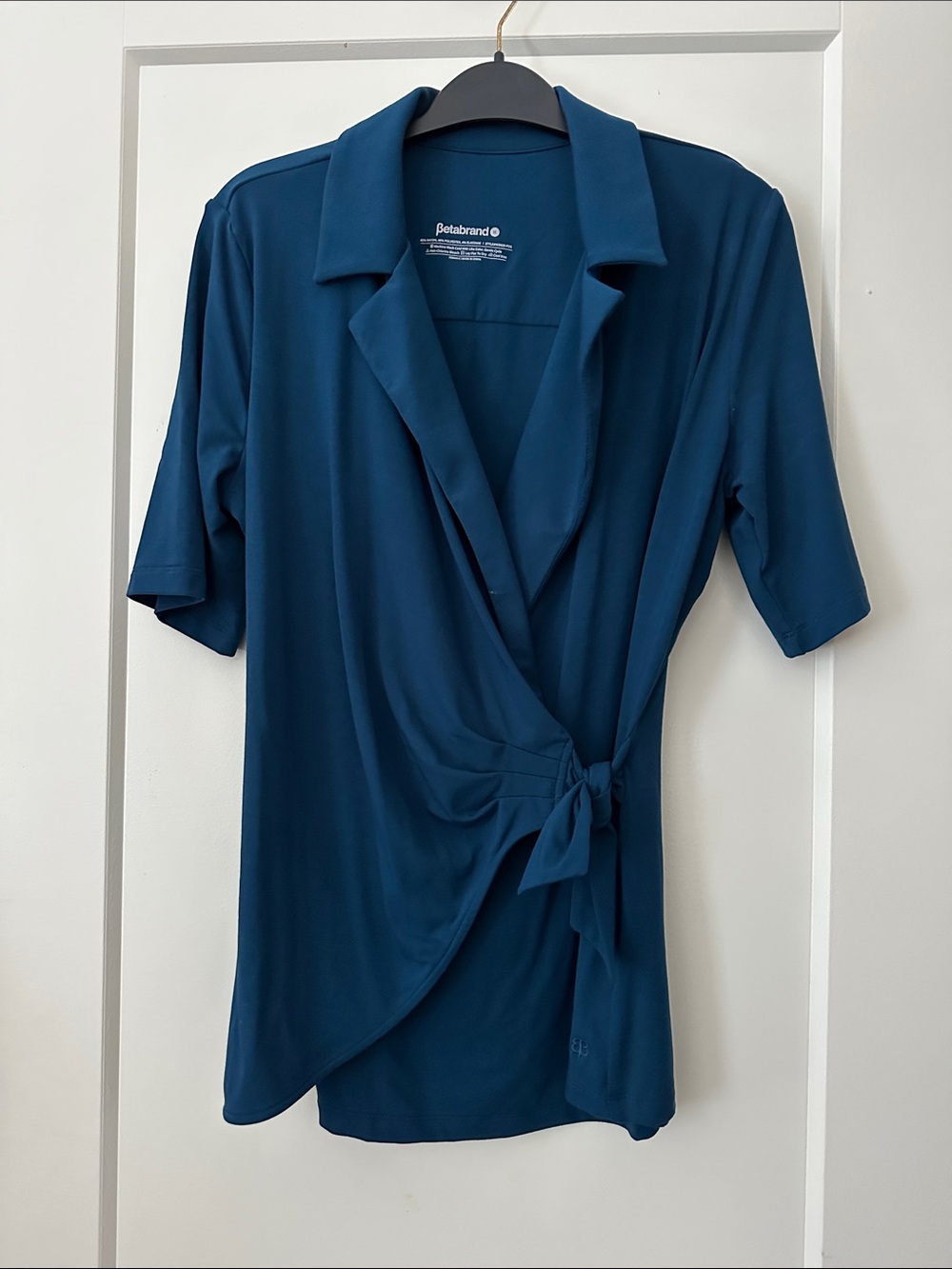 Betabrand Teal Wrap-Front Short Sleeve Blouse